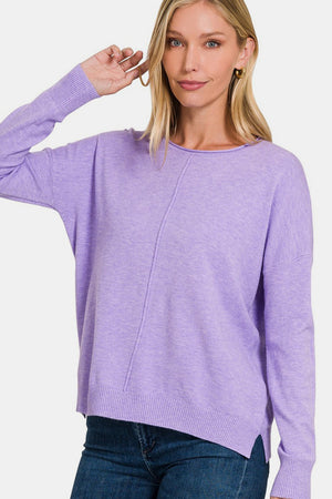 Zenana Front Seam Round Neck Sweater Lavender