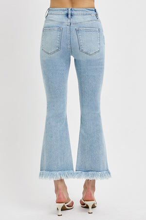 RISEN High Waist Tummy Control Distressed Cropped Flare Side Slit Long Frayed Jeans