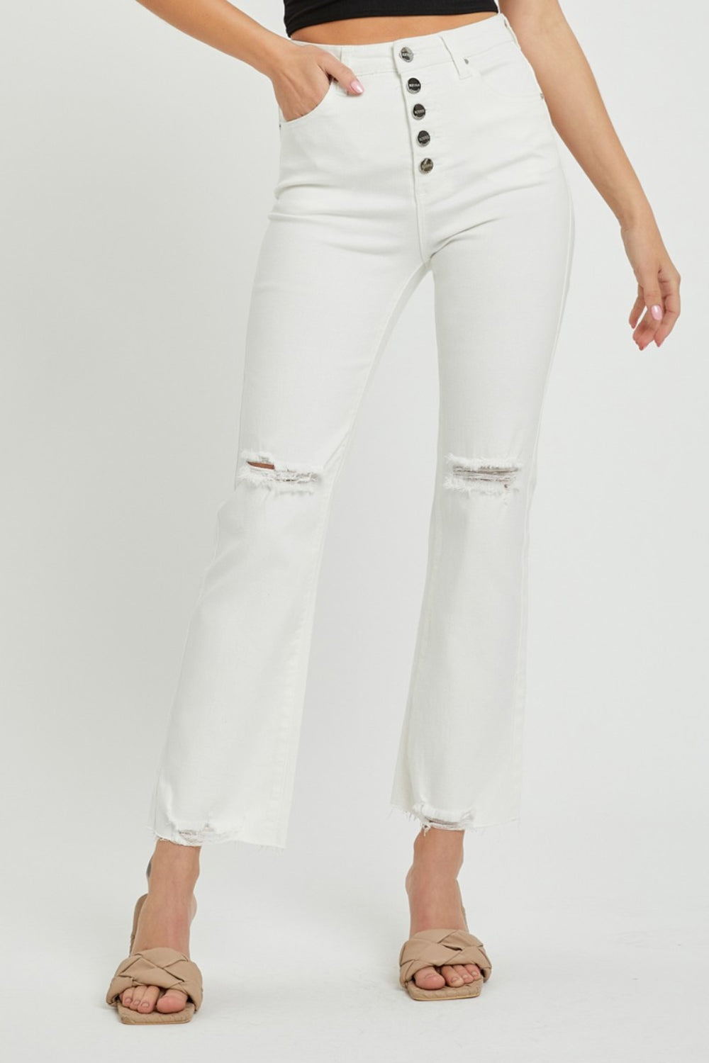 RISEN High Rise Button Fly Straight Leg Ankle Jeans in White