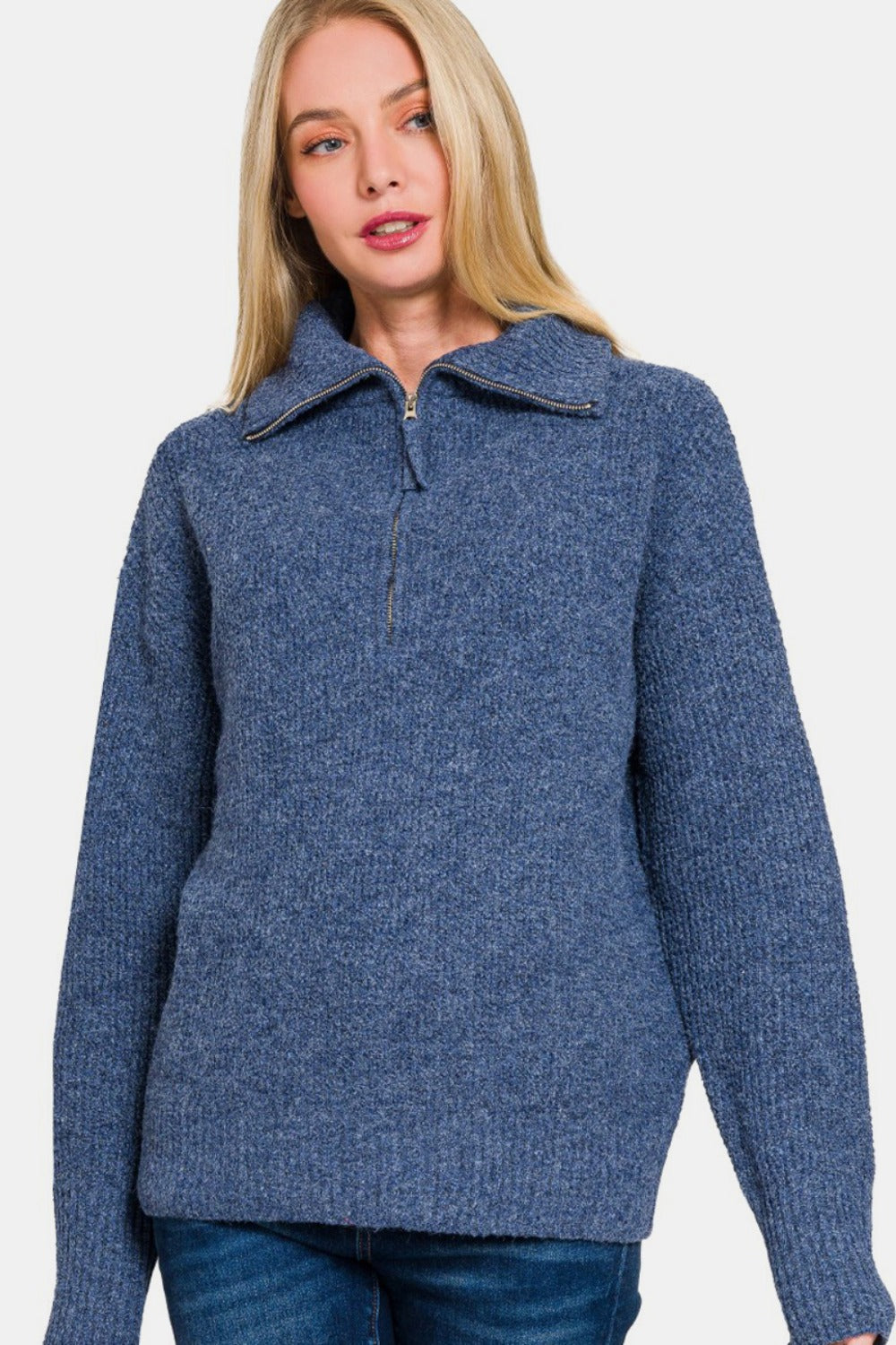 Zenana Half Zip Long Sleeve Sweater Navy