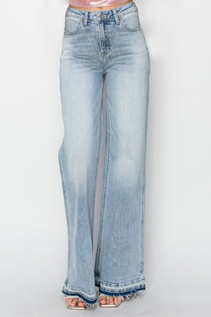 Risen High Rise Wide Leg Release Hem Light Wash Jeans