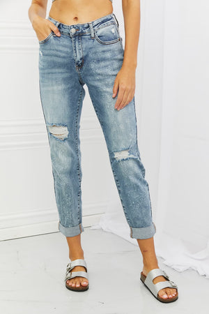 Judy Blue Mid Rise Destroyed Paisley Print Boyfriend Jeans