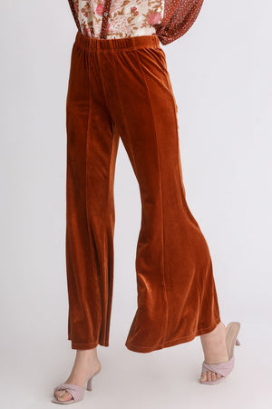 High Rise Elastic Waist Velvet Flare Pants in Terracotta