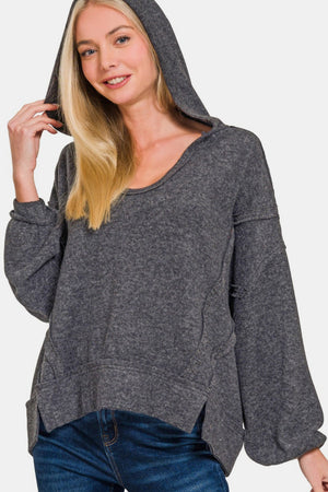 Zenana Brushed Hacci Exposed Seam Hoodie Black