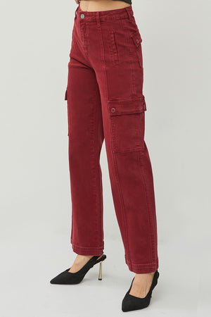 RISEN High Rise Wide Leg Cargo Jeans in Wine