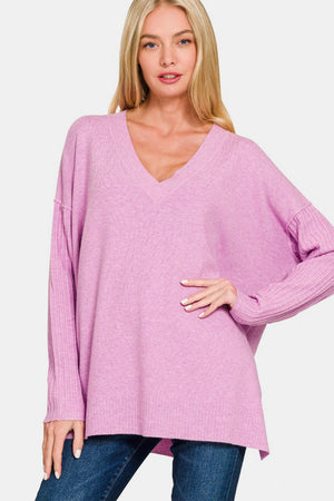 Zenana V-Neck Side Slit High-Low Sweater Mauve