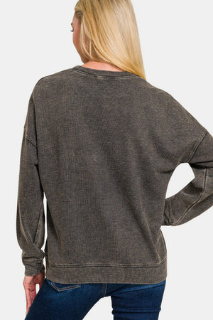 Zenana Washed Round Neck Dropped Shoulder Sweatshirt Black