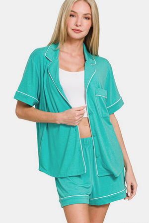 Zenana Button Down Short Sleeve Top and Shorts Lounge Set Turquoise