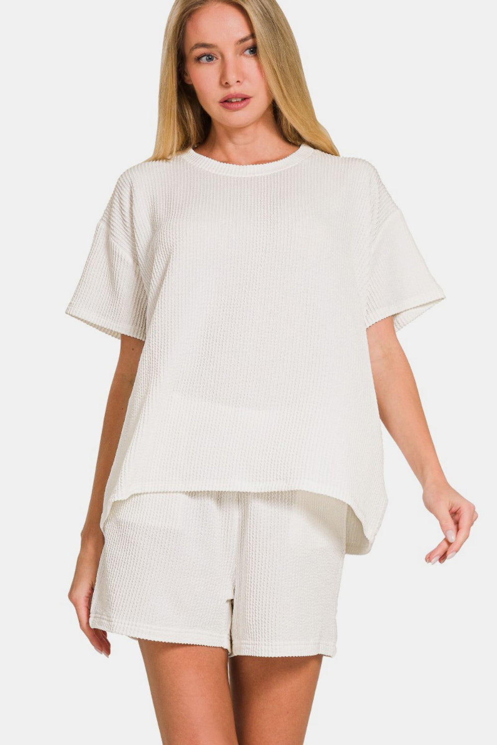 Zenana Rib Short Sleeve T-Shirt and Shorts Set Off White