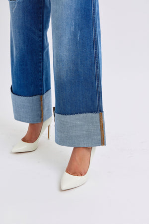 Judy Blue High Waist Distressed Retro Wide Leg Cuffed Raw Hem Jeans