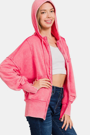 Zenana Acid Washed French Terry Zip-Up Hoodie with Pockets Fuchsia