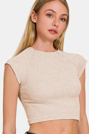 Zenana Ribbed Round Neck Cropped Mineral Wash Top Sand Beige