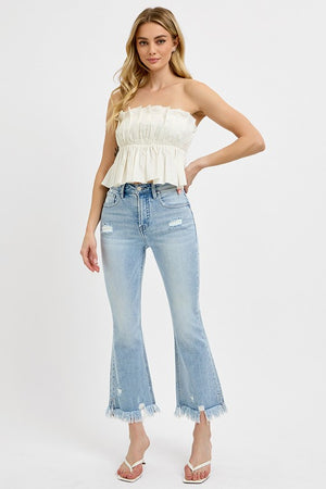 RISEN High Waist Tummy Control Distressed Cropped Flare Side Slit Long Frayed Jeans