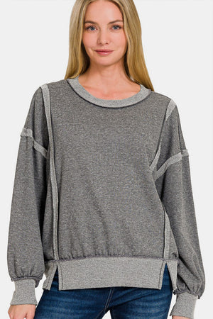 Zenana Washed Exposed-Seam Sweatshirt in Grey