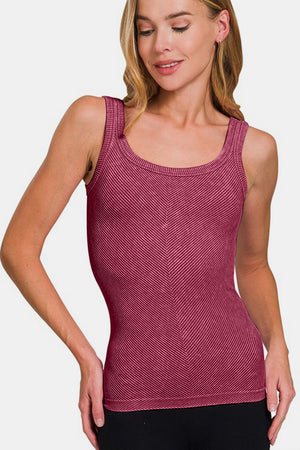 Zenana Ribbed Scoop Neck Mineral Washed Tank Burgundy