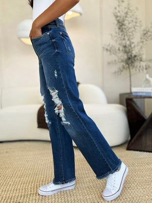Judy Blue Mid Rise Distressed Dad Straight Leg Jeans