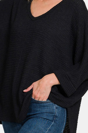 Zenana Waffle Knit V-Neck Long Sleeve Slit Top Black