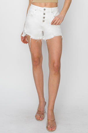 RISEN High Waist Button Fly Frayed Hem Denim Shorts White