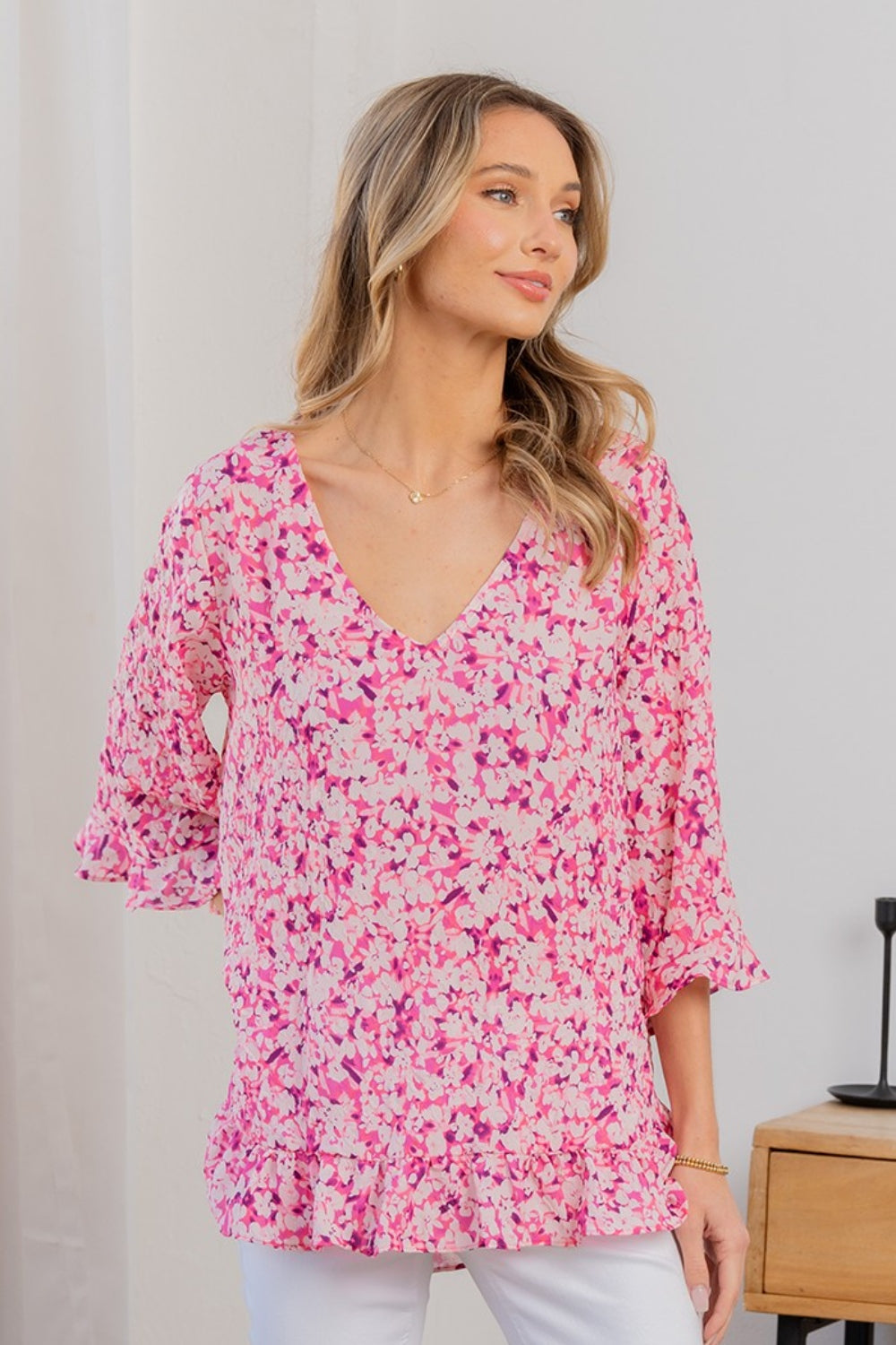 Floral V-Neck Flounce Sleeve Top