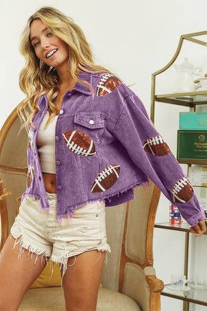 Football Sequin Embroidery Washed Corduroy Jacket in Violet