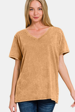 Zenana Washed Short Sleeve V-Neck T-Shirt Camel