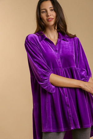 Button Down Tiered Back High Low Velvet Shirt Violet