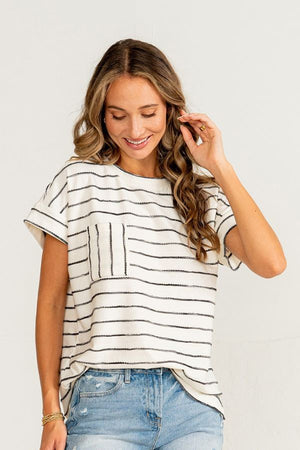 Ivory and Black Striped Ribbon Knit Top