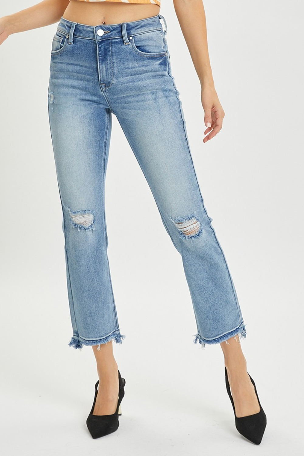 RISEN High Rise Distressed Cropped Straight Leg Jeans