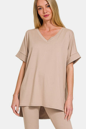 Zenana Buttery Soft V-Neck Rolled Short Sleeve T-Shirt and Leggings Lounge Set Lt Mocha