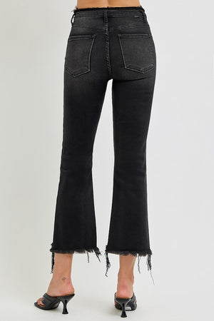 RISEN High Waist Step Hem Cropped Flare Jeans Black