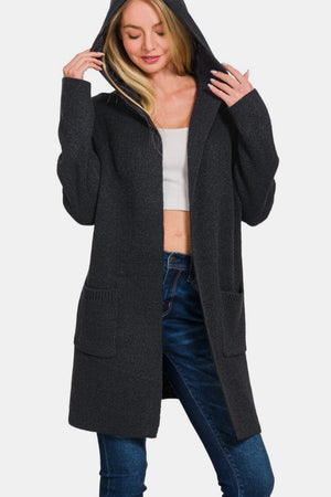 Zenana Hooded Open Front Sweater Cardigan Black