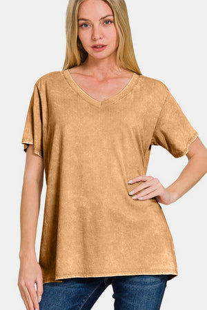 Zenana Washed Short Sleeve V-Neck T-Shirt Camel