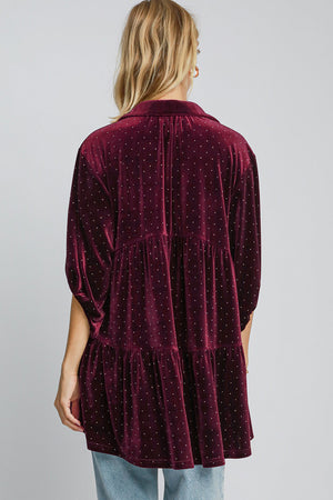 Polka Dot Button Up Half Sleeve Velvet Shirt Burgundy