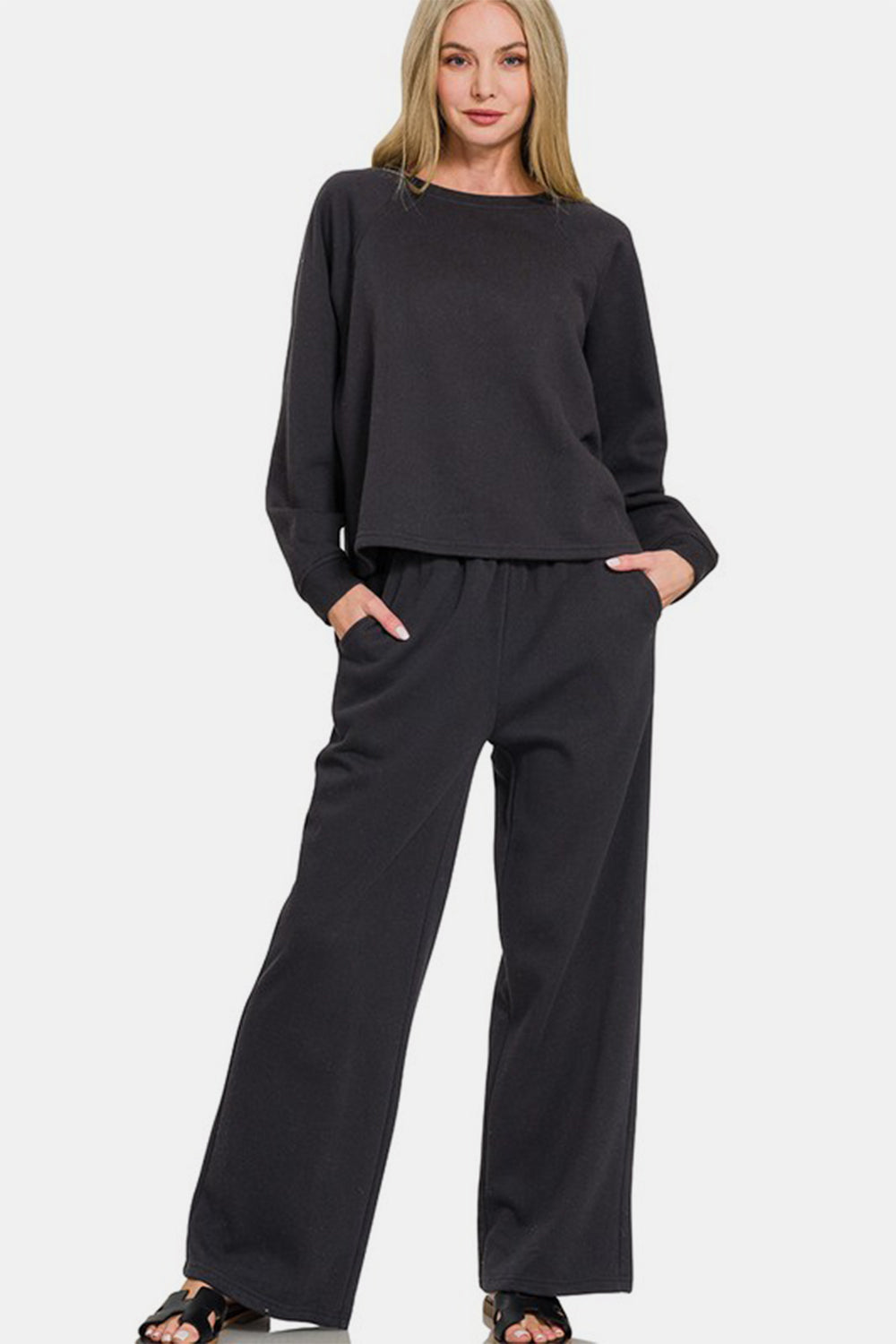 Zenana Round Neck Raglan Sleeve Top and Elastic Waist Pants Set Black