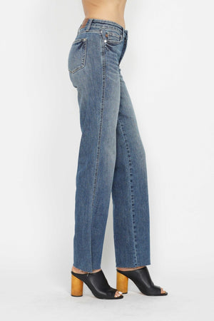 Judy Blue Mid Rise Tummy Control Vintage Raw Hem Straight Leg Jeans