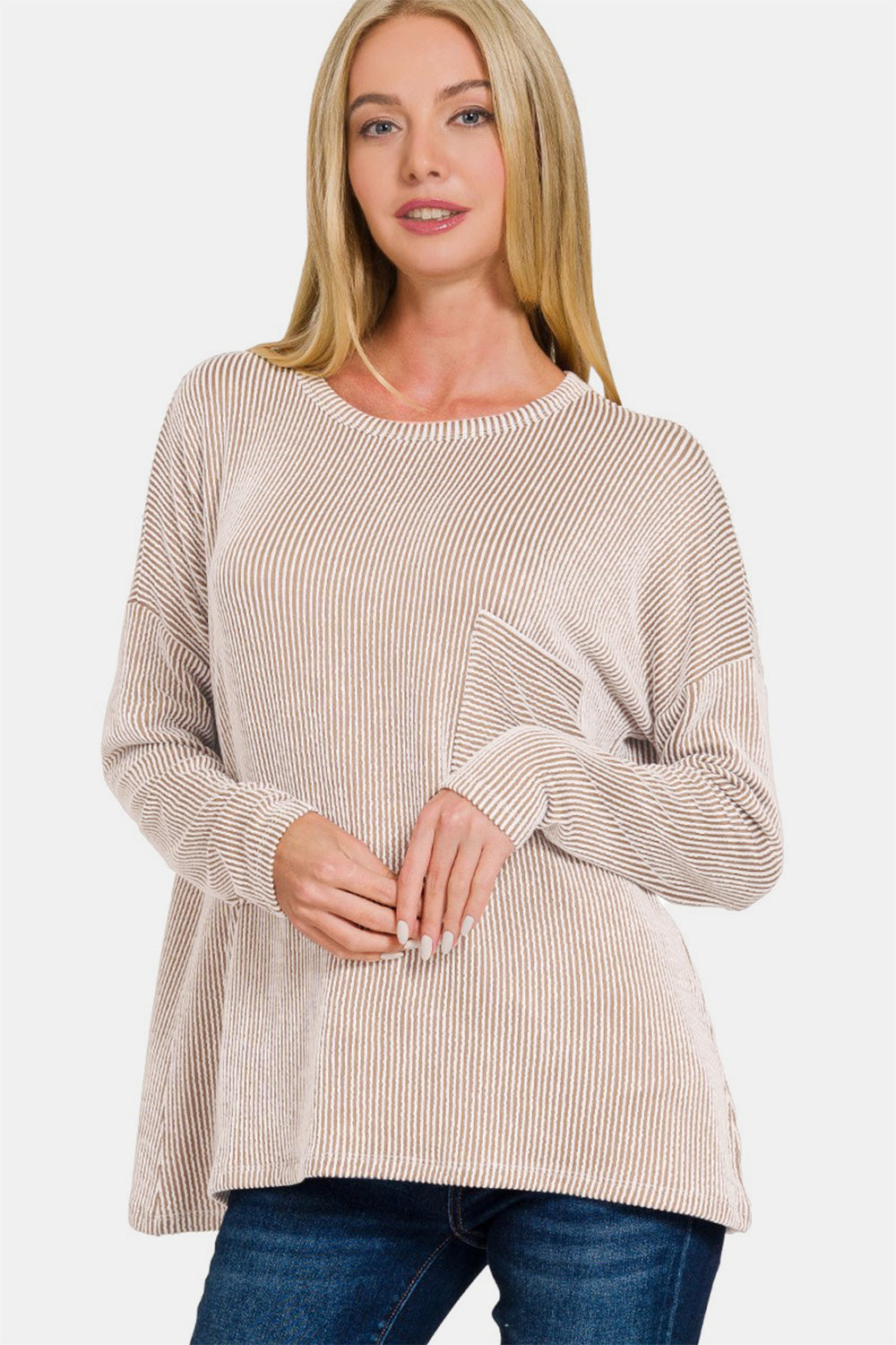 Zenana Ribbed Striped Long Sleeve T-Shirt Ash Mocha