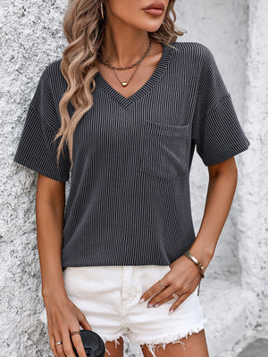 Ribbed Textured V Neck Dropped Shoulder Top in 6 colors