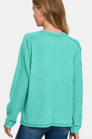 Zenana Contrast Stitching Brushed Ribbed Hacci Knit Top Turquoise