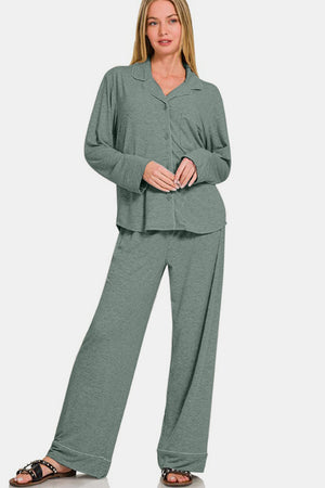 Zenana Button Down Long Sleeve Top and Pants Lounge Set Sage