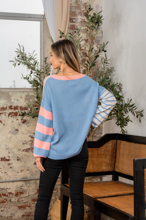 Striped Dropped Shoulder Sweater Neon Coral Denim