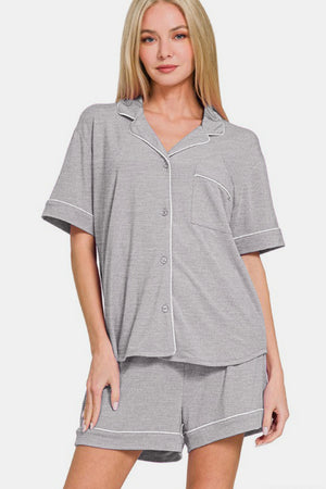 Zenana Button Down Short Sleeve Top and Shorts Lounge Set Light Gray