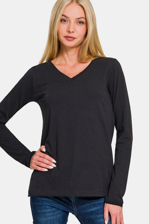 Zenana Relaxed Fit V-Neck Long Sleeve Cotton T-Shirt Black