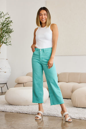 RFM Tummy Control High Waist Raw Hem Wide Leg Crop Jeans in Island Green