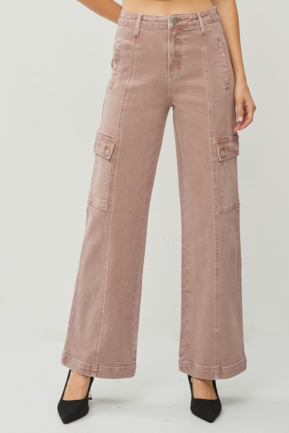 RISEN High Rise Wide Leg Cargo Jeans in Mauve