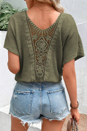 Round Neck Short Sleeve Waffle Knit Lace Top- 2 colors