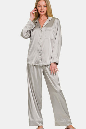 Zenana Satin Long Sleeve Shirt and Pants Pajama Set Silver