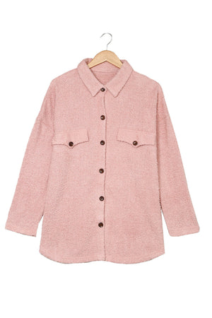 Plush Button Down Pocketed Shirt Shacket - Pink