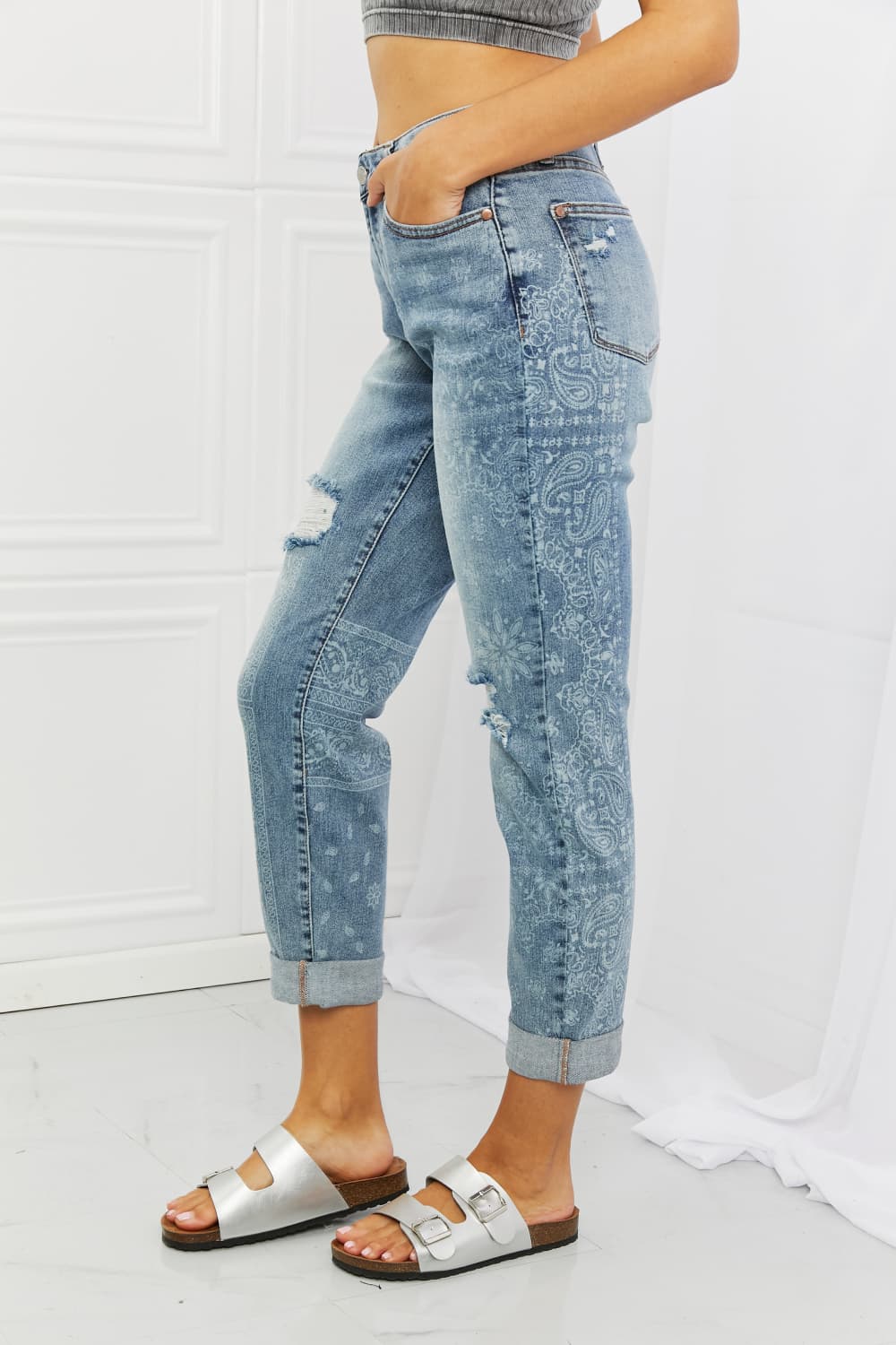 Judy Blue Mid Rise Destroyed Paisley Print Boyfriend Jeans