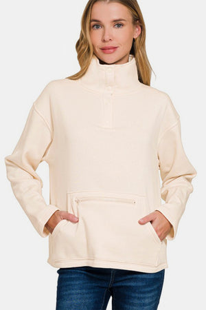 Zenana Turtleneck Half Snap Fleece Sweatshirt Cream