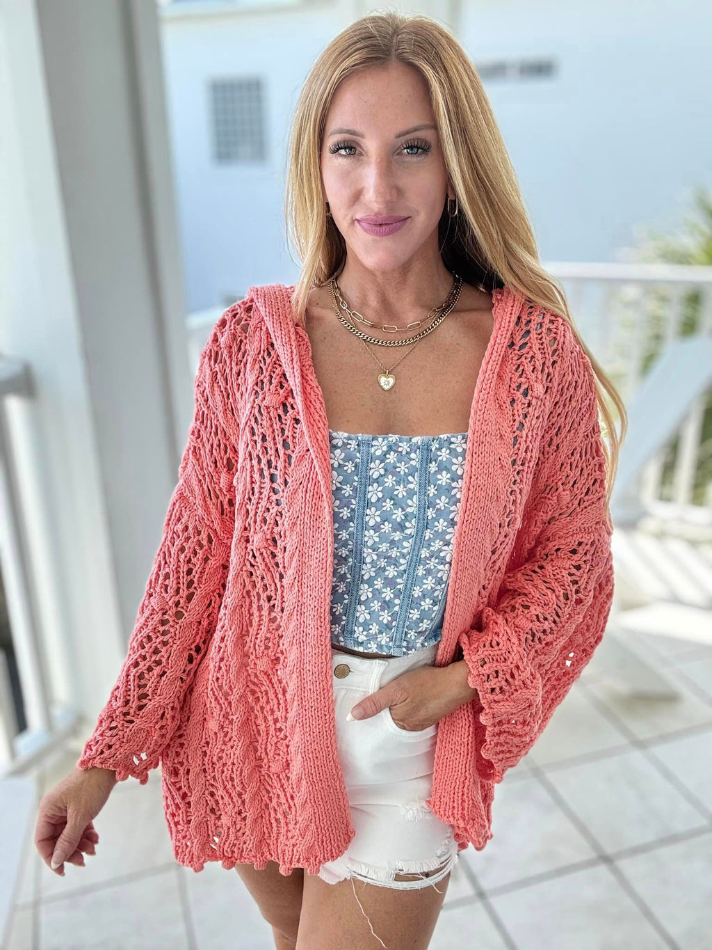 Open Weaving Long Sleeve Hoodie Sweater Cardigan in Coral by POL